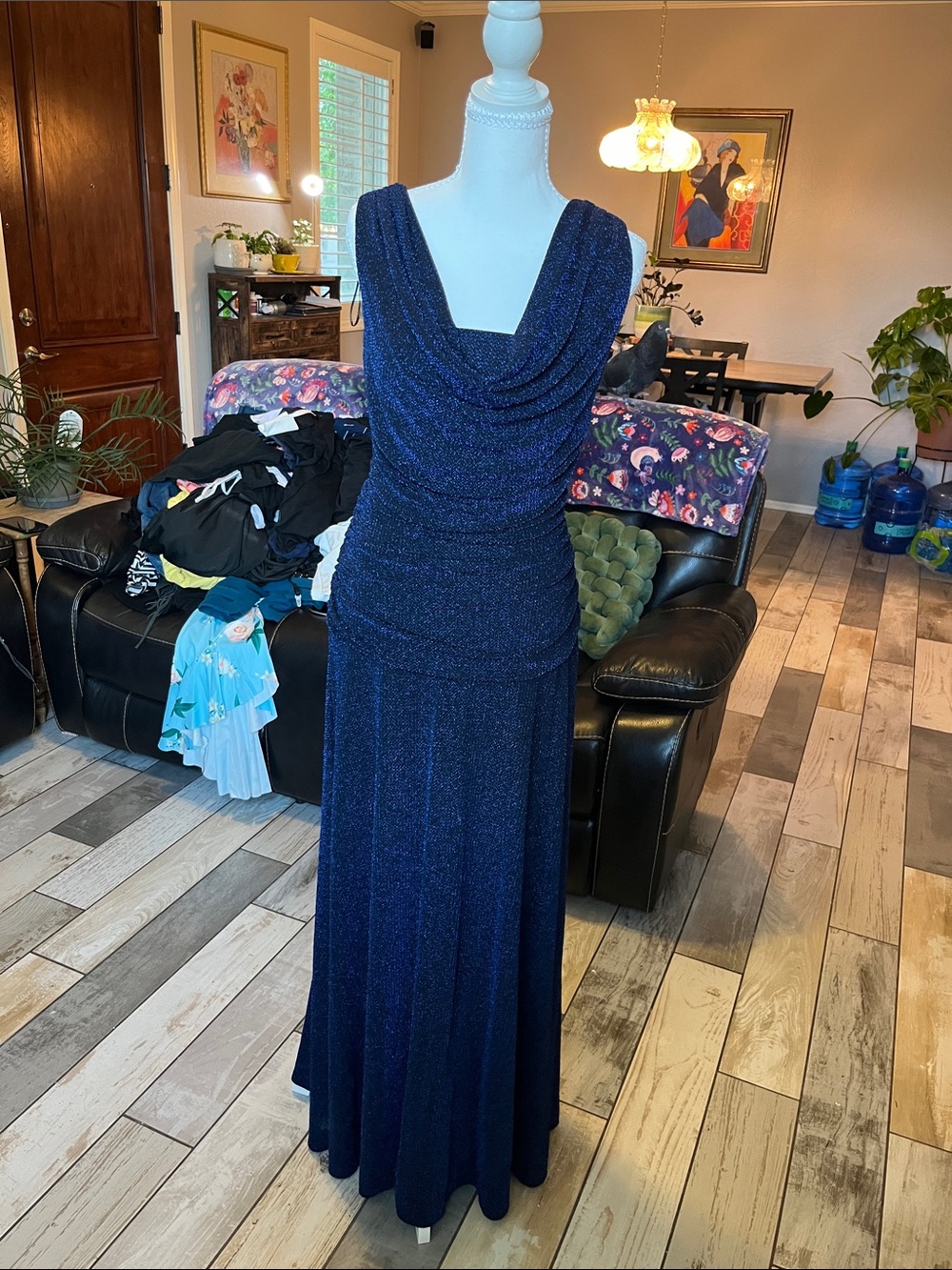 Vintage Nightway Navy Blue Sparkle Cowl Neck Evening Dress